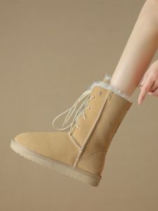 Womens Outdoor Winter Snow Boots Fleece Lined Slip-On round Toe Rubber Outsole Leather And Wool Upper Fashionable Casual Booties