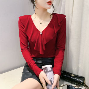 YIMEI V-neck ruffled red top with heart studded diamond mesh shirt 2023 winter new slim long sleeved womens T-shirt