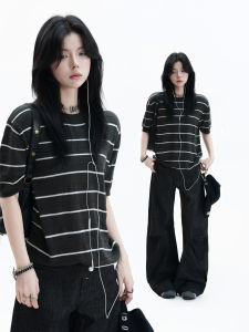 zuocisankon | Relaxed Striped Knit Top Short Sleeve For Summer