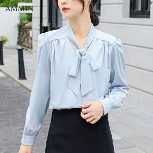 Ammin 2023 mùa thu mới Pháp v-cổ đính nơ thiết kế tay áo dài áo thun đi lại áo voan người phụ nữ phiên bản Hàn Quốc trí tuệ màu xanh thời trang cổ điển xù Áo Blouse thanh lịch tay áo phồng