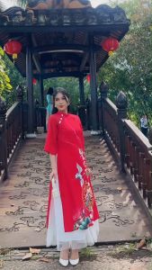 Áo dài cách tân cổ trụ in họa tiết phối nút bọc dành cho nữ AD030 - Khánh Linh Style