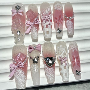 Cute 3D Bow Blush Pink Handmade Press On Nails Glitter Diamond Checkered Princess Reusable Fake Nails Girly Kawaii Long Nail Art