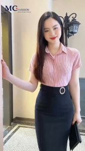 Sơ mi nữ ngắn tay thiết kế kẻ sọc Mcfashion tím xanh dương hồng chất Modal từ thiên nhiên A 730