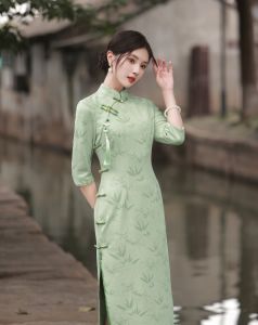 Spring 2024 plus Size Long Suede Cheongsam Dress Pink Girl Vintage Style Seven Sleeve Stand Collar Chinese Traditional Costume