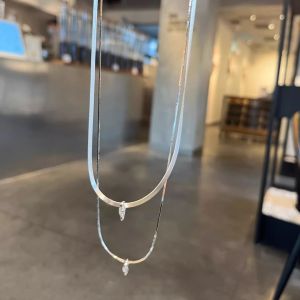 S925 Sterling Silver Single Diamond Necklace Wide Snake Bone Chain French Minimalist Luxury Ins Trendy Geometric Pendant