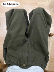 Casual Military Green Workwear Jeans Womens High Waist Wide Leg Loose Fit Knife Edge Pants Autumn Season Pear Shaped Body