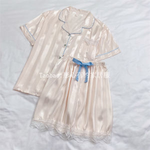 Elegant Ice Silk Sleepwear Set Womens Summer Short Sleeve Shorts Home Clothes Sweet Style Two-Piece Korean Version Student Home Clothes