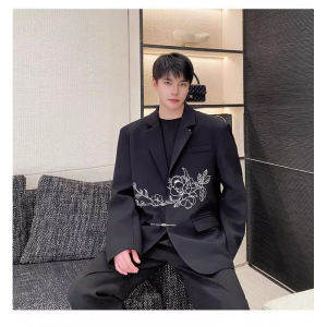New Chinese Style Mens Tailored Suit with Embroidery Wide Lapel Autumn Fashionable Casual Long Sleeve Jacket for Youth