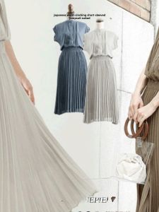 Summer New Style Japanese Loose Fit Womens Dress Comfortable Waist Cinched Short Sleeve Chiffon Dress Sweet Pure Color