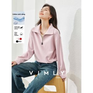 Vimly | Áo Hoodie Tay Ngắn Zip Trước Đen Trắng Sọc cho Nữ
