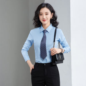 เสื้อเชิ้ตคอเหลี่ยมทรงสลิมฟิตสำหรับผู้ชายและผู้หญิง ทรงธุรกิจ สีน้ำเงิน เสื้อเชิ้ตทำงานสำหรับบริษัท โลโก้ คอกลม แขนยาว ปก