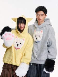 JNXS | Heavyweight Cute Dog Paw Patch Pocket West Highland Hoodie Sweatshirt for Couples