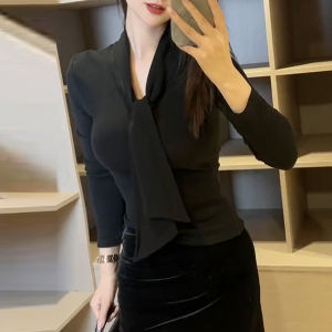 UYFY | Black V-neck Long Sleeve Casual Shirt Womens Slimming Commute Top Fashionable Simple Style Autumn New Arrival