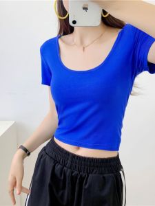 เสื้อยืดแขนสั้นทรงเอเอวสูงสไตล์ยูนิเซ็กซ์ ผ้าโมดอล สีน้ำเงินคลีน ชุดโยคะ ชุดเต้นรำ คอวี หลังเปิด ช่วงหน้าท้องเปิด เสื้อผ้าผู้หญิง