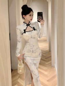 Elegant Young Style Cheongsam Dress Mid-Length Slim Fit Slit Backless Spring Autumn Season Floral Pattern Stand Collar Long Sleeve