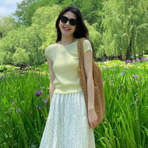 Yellow Slim Fit Ice Silk Short Sleeve Knitted Top Women Summer Thin Small Size Short Pure Desire Shoulder Summer Shirt