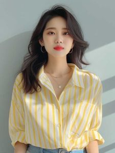 Womens Yellow White Vertical Striped Shirt Summer New Style Beach Sun Protection Loose Fit Polo Collar Long Sleeve Polyester Fiber