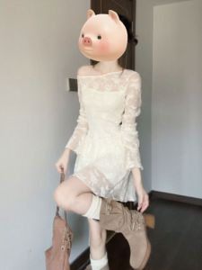 CHANGTONG | Fashionable French Style Petite Womens Off-Shoulder Lace Dress