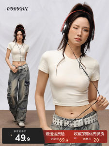 Áo Thun Nữ Tay Ngắn Cotton Nguyên Chất Cạp Cao Ngắn Mùa Hè Ôm Vừa Vặn Hở Bụng Hở Eo Áo Thun Nữ Tay Ngắn Cổ Tròn