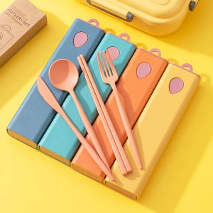 Wheat Straw Tableware Outdoor Portable Set Three-Piece Set Including Chopsticks Spoon Storage Box Single Portable Outerwear