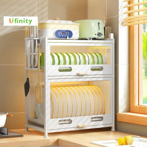 Lifinity 2/3 Layers Kitchen Dish Rack with Cover Dust-Proof Insect-Proof Dish Drainer Countertop Plate Organizer Storage Shelves