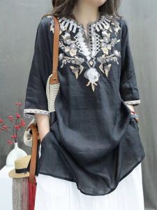 Retro Artistic Embroidered Cotton Linen Shirt Womens Summer Style Loose Fit Seven Sleeve Top Commute Style Floral Pattern