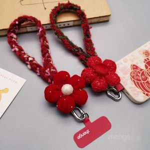 Zengge Fashionable Knitted Plush Rope Phone Strap Winter Red Flower Design Premium Feel Womens Style Anti-Loss Handheld Ins Popular New Model Phone Case Accessory