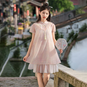 plus Size Girls Summer Cheongsam Dress Fairy Hanfu Skirt New Chinese National Style Snowflake Polyester Childrens Clothing