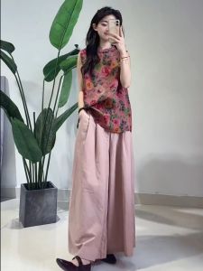 Summer New Chinese Style National Trend Buddhist Zen Pink Print Sleeveless Wide Leg Pants Set Womens Fashion Ensemble