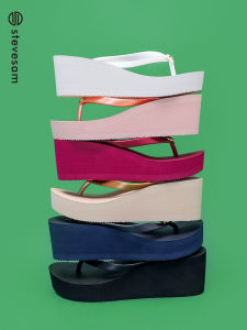 Summer Thick Bottom Sandals Womens Outdoor Wear Anti-Slip High Heels Holiday Lightweight Heightening Clip Board Slippers