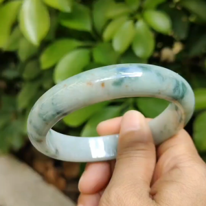 60.8 mm Light Green with Green Patches and Golden Yellow Patches Peace Bangle Bracelet Natural Type A Jadeite Jade certificate weighs 63.55 Width 13.5 Thickness 8mm (bangle29)