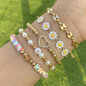 5 ชิ้น/เซ็ตKpop Sunflower Ball Polymer Clayสร้อยข้อมือผู้หญิง 2023 ยอดนิยมRhinestone Love Heartกําไลข้อมือคู่เครื่องประดับ