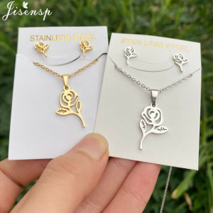 Romantic Rose Flower Pendant Necklace Earring Set for Women Stainless Steel Golden Jewelry Girls Valentines Day Necklaces Gifts
