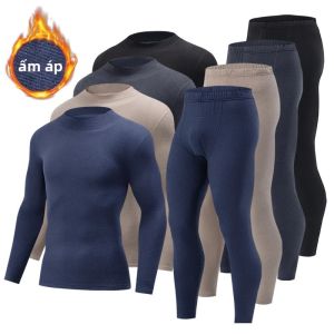 Bộ Đồ Giữ Nhiệt Nam 2 Mảnh Áo Cổ Cao Nửa Cổ Tay Dài Và Quần Lưng Thun Màu Trơn Mặc Thường Ngày Mùa Thu Đông