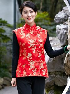 เสื้อกั๊กผู้หญิงสไตล์ย้อนยุค ปักปุ่ม เสื้อผ้าทำงาน งานปาร์ตี้ งานวันหยุด แฟชั่นฤดูใบไม้ร่วง/ฤดูหนาว เสื้อผ้าจีน