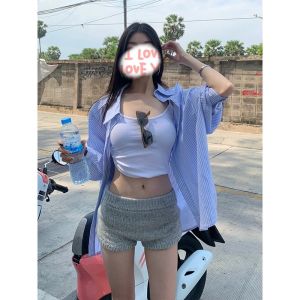 กางเกงขายาวทรงหลวมผ้าถักสีเทาสำหรับผู้หญิง ฤดูร้อน 2025 กางเกงขาสั้นทรงเข้ารูปเอวสูง ทรงเข้ารูปเซ็กซี่ ทรงเข้ารูป เอวสูง กางเกงขายาวทรงหลวม