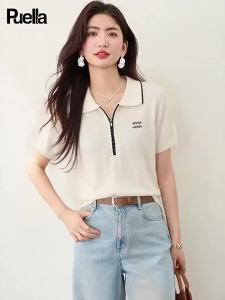 puella | Áo Thun Tay Ngắn Cổ Polo Hàn Quốc Phong Cách Đơn Giản Mở Nửa Thêu