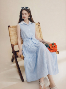 FAMANXUAN | Blue Striped Sleeveless Collared Cinched Waist Shirt Dress