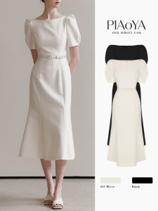 PIAOYA | Flattering Squared-Neck Short-Sleeve Puff-Sleeve Fishtail Mid-Length Dress