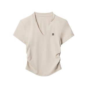 Airhood American Style Short Sleeve V-neck Pleated Slim Fit T-shirt Women Summer Hot Girl Shoulder Appropriate Versatile Slimming Top