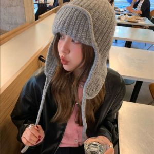 Chic Winter Warm Knitted Hat Women Earflap Beanie Korean Style Balaclava Hat Super Soft Thicken Windproof Cold Weather Fashion Cap