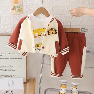Cute Cartoon Boys Spring Autumn Three-piece Suit Korean Style Baby Clothes Knitted Fabric Cotton Blend Comfortable Kids Outfit