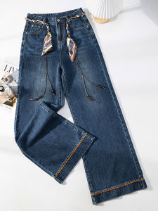 High Waist Wide Leg Jeans Womens Autumn New Style Princess Style Embroidered Loose Straight Cut Pants Silk Scarf Belt