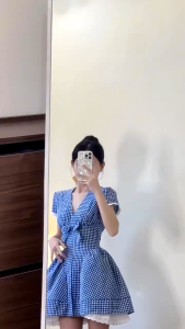 MK_ Váy nàng thơ đi tiệc đầm thiết tiểu thư du lịch dạo phố dáng ngắn caro nơ cổ V tay ngắn viền Ren xinh xắn dễ thương