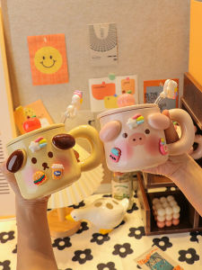Cute Pig Ceramic Mugs Gift for Students Couple Birthday Pair of Lovely Mugs with Lid Spoon High Aesthetic Value by Mmmx10