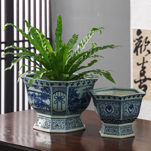 Jingdezhen Ceramic Flower Pot Ancient Chinese Style Home Decor Hanging Plant Pots Vases Artificial Flowers Simulation Decor