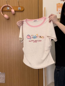 Áo Thun Tay Ngắn in Hình Mèo Kẻ Caro Ngọt Ngào Cho Nữ Áo Ngắn Giảm Tuổi Áo Thun Nữ Phong Cách Mới Chất Liệu Cotton