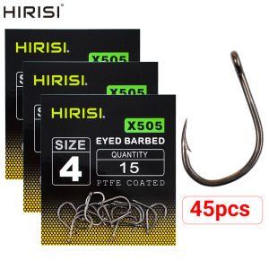 Hirisi 45 x PTFE Coated High Carbon Stainless Steel Barbed Fish Hook With Eye Carp Fishing Hook Link Accessories X505