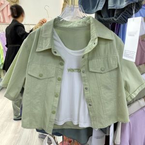 สไตล์เกาหลี เสื้อเชิ้ตแขนสั้น เสื้อแจ็คเก็ต ผู้หญิง ฤดูร้อน พรางหุ่น หวาน และเผ็ด เด็กผู้หญิง ชุดสองชิ้น ป้ายตัวอักษร เสื้อกั๊ก ลำลอง เดินทาง