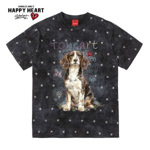 CHARLES JANGS HAPPY HEART | Vintage Washed Loose Breathable Heart American Star Dog Print T-Shirt